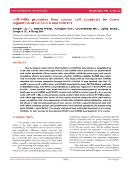 Mir-449A Promotes Liver Cancer Cell Apoptosis by Down Regulation of Calpain 6 and POU2F1