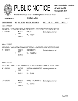 Broadcast Actions 12/6/2017