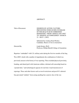 Factors Preventing Wide-Scope Coverage of the Iraq War by Embedded Reporters—From “Shock and Awe” to “Mission Accomplished” (March 21 - May 1, 2003)