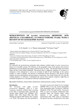 REDESCRIPTION of Lycodon Travancoricus (BEDDOME, 1870) (REPTILIA: COLUBRIDAE), an INDIAN ENDEMIC SNAKE, with a REVIEW of ITS GEOGRAPHIC RANGE