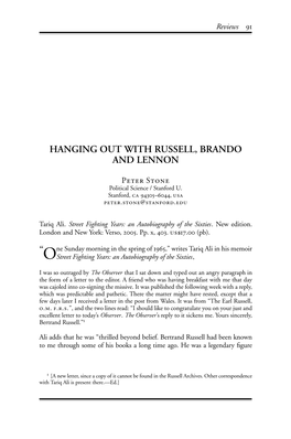 Hanging out with Russell, Brando and Lennon [Review of Tariq Ali, Street