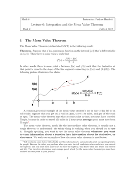 Lecture 6: Integration and the Mean Value Theorem 1 the Mean Value