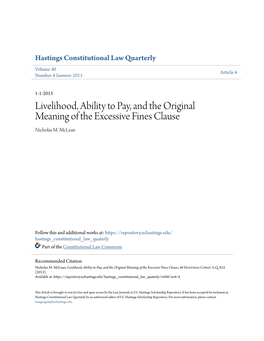 Livelihood, Ability to Pay, and the Original Meaning of the Excessive Fines Clause Nicholas M