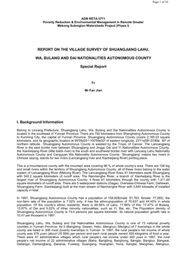 Report on the Village Survey of Shuangjiang Lahu, Wa