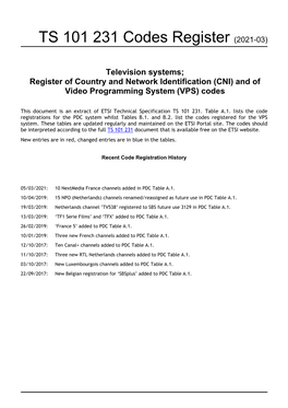 TS 101 231 Codes Register (2021-03)
