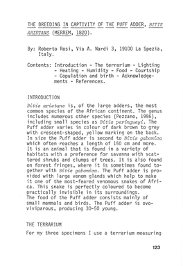 THE BREEDING in CAPTIVITY of the PUFF ADDER, BITIS ARIETANS ( MERREM, 1820) . By: Roberto Rosi, Via A. Nardi 3, 19100 La Spezia