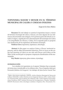 Toponimia Mayor Y Menor En El Término Municipal De Calera Y Chozas (Toledo)