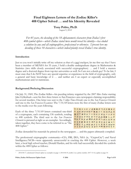 Final Eighteen Letters of the Zodiac Killer's 408 Cipher Solved