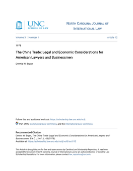 The China Trade: Legal and Economic Considerations for American Lawyers and Businessmen