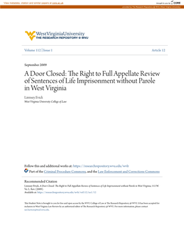 A Door Closed: the Right to Full Appellate Review of Sentences of Life Imprisonment Without Parole in West Virginia