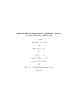 Automatic Library Generation and Performance Tuning for Modular Polynomial Multiplication a Thesis Submitted to the Faculty of D