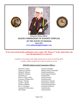 Grand Commandery of Knights Templar of the State of Indiana March 2021