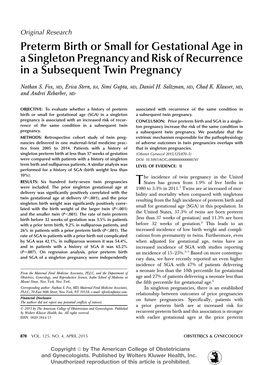 Preterm Birth Or Small for Gestational Age in a Singleton Pregnancy and Risk of Recurrence in a Subsequent Twin Pregnancy