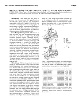 DOCUMENTATION of SAND RIPPLE PATTERNS and RECENT SURFACE WINDS on MARTIAN DUNES. M. B. Johnson1 and J. R. Zimbelman1, 1Center Fo