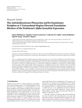 The Anticholinesterase Phenserine and Its Enantiomer Posiphen As 5�Untranslated-Region-Directed Translation Blockers of the Parkinson’S Alpha Synuclein Expression