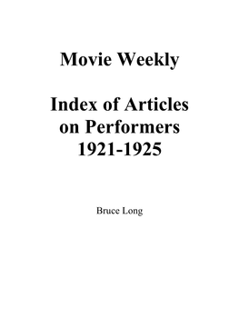 Movie Weekly Index of Articles on Performers 1921-1925