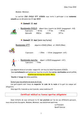 (Semi Nocturne) Certificat Médical Ou Licence Sportive Obligatoire