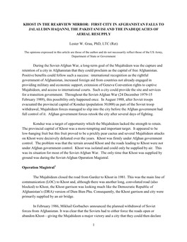 Khost in the Rearview Mirror: First City in Afghanistan Falls to Jalaludin Haqanni, the Pakistani Isi and the Inadequacies of Aerial Resupply