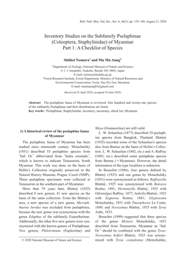 Coleoptera, Staphylinidae) of Myanmar Part 1: a Checklist of Species