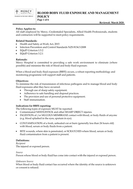 BLOOD BODY FLUID EXPOSURE and MANAGEMENT POLICY Page 1 of 6 Reviewed: March 2020