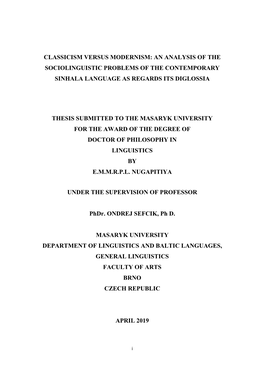 An Analysis of the Sociolinguistic Problems of the Contemporary Sinhala Language As Regards Its Diglossia