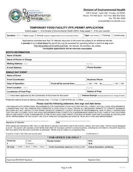 TEMPORARY FOOD FACILITY (TFF) PERMIT APPLICATION Submit Pages 1 – 6 to Division of Environmental Health (DEH)