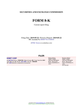 KEMET CORP Form 8-K Current Event Report Filed 2019-05-22