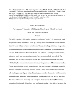 True, Micah. “British, but Also French: Paul Mascarene’S Translation of Molière’S Le Misanthrope in Colonial Nova Scotia.” Quebec Studies, Vol