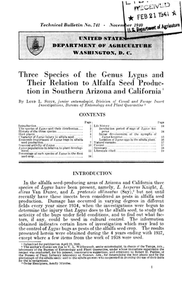 Three Species of the Genus Lygus and Their Relation to Alfalfa Seed Produc- Tion in Southern Arizona and California '