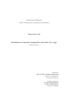 Resolutions of Quotient Singularities and Their Cox Rings Phd Dissertation