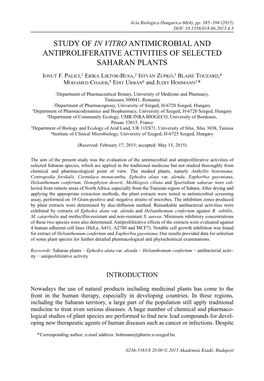 Study of in Vitro Antimicrobial and Antiproliferative Activities of Selected Saharan Plants