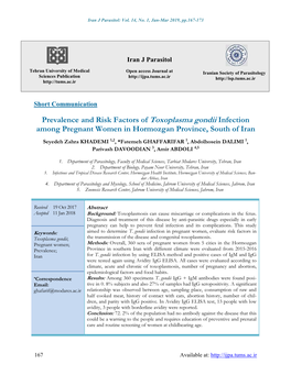 Prevalence and Risk Factors of Toxoplasma Gondii Infection Among Pregnant Women in Hormozgan Province, South of Iran