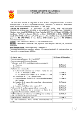 CONSEIL MUNICIPAL DE CAZAUBON 29 Mai 2017 À 20 Heures 30 En Mairie