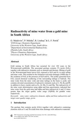 Radioactivity of Mine Water from a Gold Mine in South Africa