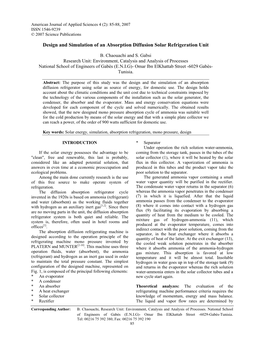 Design and Simulation of an Absorption Diffusion Solar Refrigeration Unit