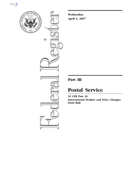 Postal Service 39 CFR Part 20 International Product and Price Changes; Final Rule