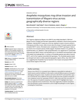 Anopheles Mosquitoes May Drive Invasion and Transmission of Mayaro Virus Across Geographically Diverse Regions