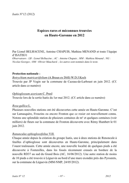 Espèces Rares Et Méconnues Trouvées En Haute-Garonne En 2012