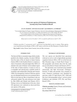 Three New Species of Cladonia (Cladoniaceae, Ascomycota) from Southern Brazil