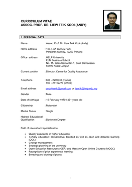 Curriculum Vitae Assoc. Prof. Dr. Liew Teik Kooi (Andy)