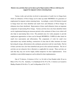 District Wise Activities That Can Be Taken up for Rejuvenation of Rivers with Focus for Support for Migrant Workers Returning Home