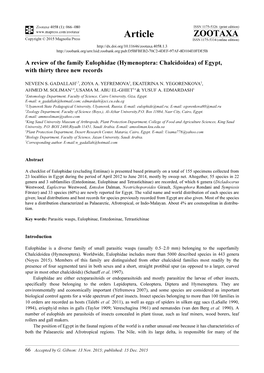 Hymenoptera: Chalcidoidea) of Egypt, with Thirty Three New Records