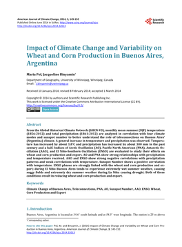 Impact of Climate Change and Variability on Wheat and Corn Production in Buenos Aires, Argentina