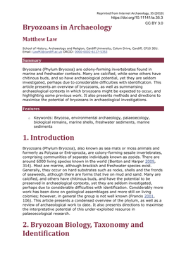 Bryozoans in Archaeology 1. Introduction 2. Bryozoan Biology