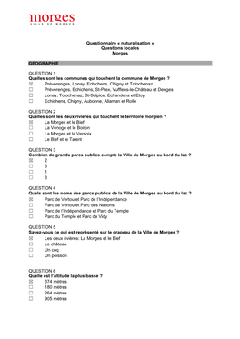 Questionnaire « Naturalisation » Questions Locales Morges