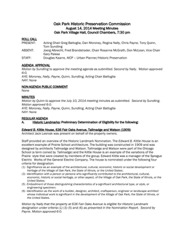 Oak Park Historic Preservation Commission August 14, 2014 Meeting Minutes Oak Park Village Hall, Council Chambers, 7:30 Pm