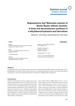 Regioselective SN2' Mitsunobu Reaction of Morita–Baylis–Hillman Alcohols: a Facile and Stereoselective Synthesis of Α-Alkylidene-Β-Hydrazino Acid Derivatives