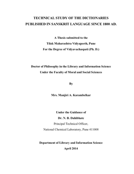 Technical Study of the Dictionaries Published in Sanskrit Language Since 1800 Ad