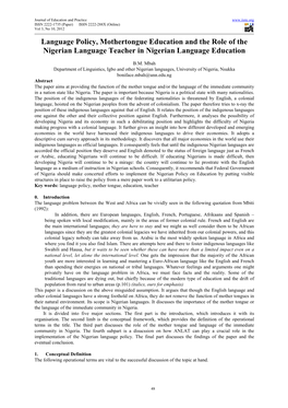 Language Policy, Mothertongue Education and the Role of the Nigerian Language Teacher in Nigerian Language Education