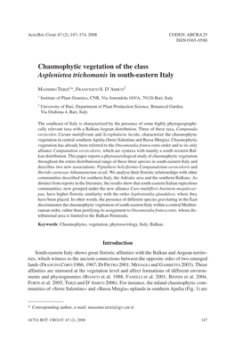 Chasmophytic Vegetation of the Class Asplenietea Trichomanis in South-Eastern Italy